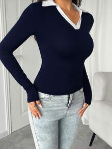 Vaiaye Women Elegant High Collar Spring/Summer Top, Suitable For Work And Daily Wear, Solid Color Long Sleeve Knit T-Shirt Casual - Navy Blue - View 9