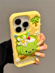 Summer Beach Fresh Coconut Tree 3D Stand Phone Case Compatible With IPhone 16 ProMax, Apple 15, Silicone Soft Shell Creative Cute Anti-Drop Protective Cover Compatible With IPhone 13 ProMax/14 - Màu vàng - Xem 8