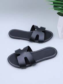 1 par de sandalias planas con diseño de "H" de estilo europeo y americano para adolescentes/mujeres de talla grande, de piel sintética (PU) con puntera abierta, antideslizantes, cómodas, aptas para uso en casa, exterior y playa