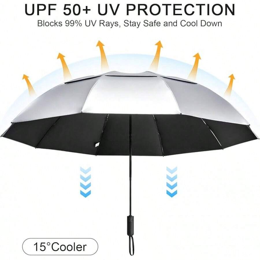 Paraguas de G4Free de 42//54/62 pulgadas, compacto, reversible, de viaje, con 10 varillas, resistente al viento y a la lluvia, doble capa, apertura y cierre automáticos - Plateado/Negro - Ver 1