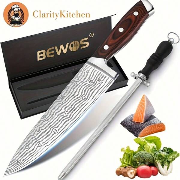 Coffret cadeau 2 pièces, couteau multi-usages en grain de bois de 13,78 pouces de long, avec tige d'affûtage de 13,42 pouces de long, recommandé pour les hôtels, les restaurants et les familles, adapté aux fêtes et aux barbecues et comme cadeau de Noël.