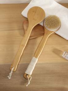 1pc Bamboo Body Brush With Long Handle, Soft Bristles For Full Body Cleansing, Shower, Bath And Back Massage