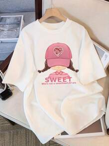 1 pieza Camiseta informal de manga corta y cuello redondo estampada para niñas, prenda de vestir juvenil de verano - Camiseta con estilo de letra en inglés minimalista que inspira la imaginación y la autoexpresión