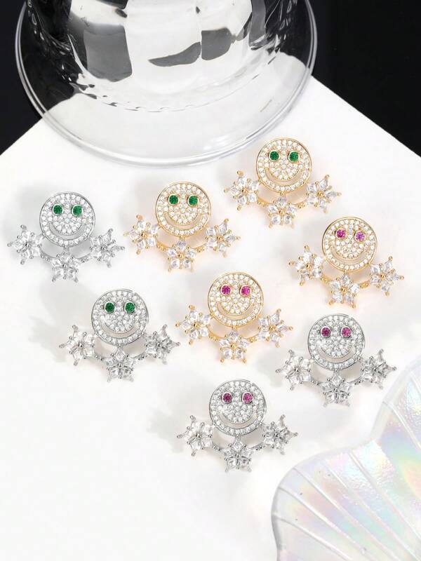 1 Pair Iced Out Hip Hop Star Face Earrings Copper 18K Gold-Plated Zirconia Smile Face Ear Jewelry Gift For Women And Men Unisex Lucky Laughing Face Zirconia Earrings As Valentine's Day Gift