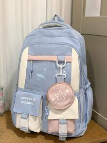 大容量防水 PVC 透明双口袋扣背包，适合女士，便携式多口袋学院风学生书包，带小圆包，适合上学、通勤、旅行、返校季