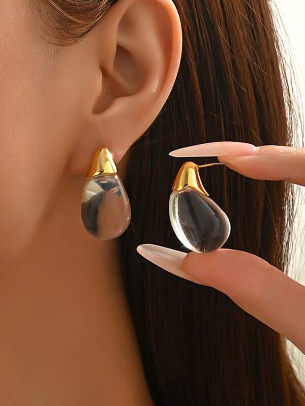 2pcs Elegant Gold Transparent Acrylic Water Drop Earrings, Women's - Fashionable Minimalist Design, Suitable For Daily Wear, Casual Outfits, Party Accessories | Perfect Valentine's Day Gift, Delicate Romantic Accessory | Holiday Gift