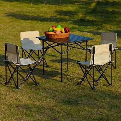 1 st hopfällbar stol och bord för utomhusbruk - Ram i kolstål, ben i rostfritt stål, mugghållare, vuxenstorlek, bärbar för picknick, camping, grill - perfekt för utomhusaktiviteter!