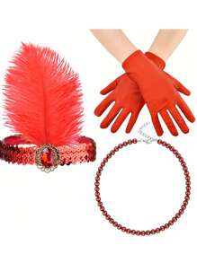 D EXCEED Set de 3 accesorii pentru flapper anii 1920: colier cu perle artificiale, bentiță și mănuși pentru femei - Costum de petrecere de Halloween anii 1920