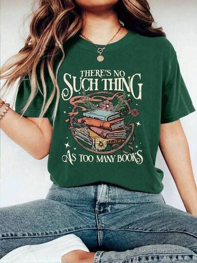 女童花朵和书籍印花图案短袖 T 恤，女童夏季上衣圆领衬衫