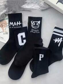 1/5/10 双男女通用涂鸦文字印花中筒袜，街头风格，适合日常休闲穿着 - 黑與白 - 查看 5