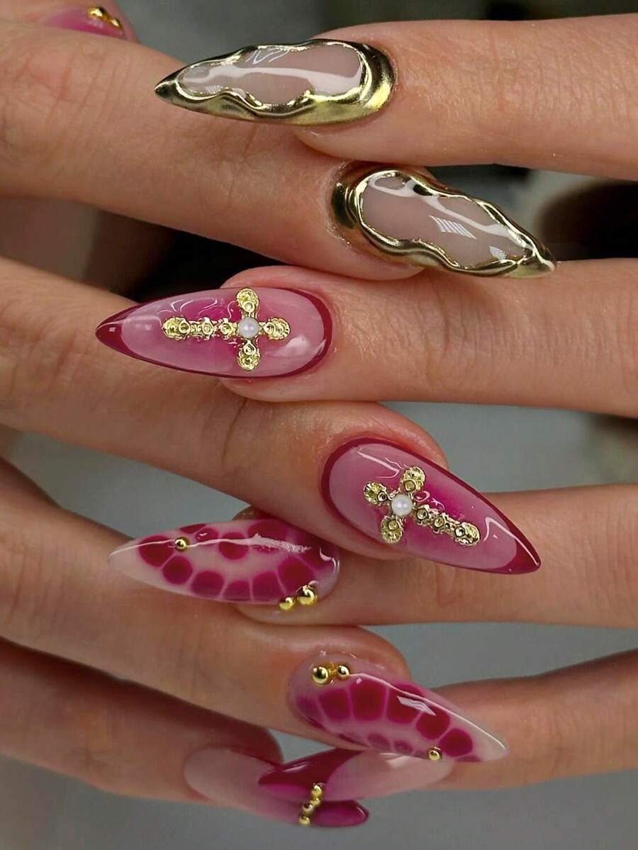 24 件长杏仁 3D 凝胶指甲制作花朵指甲设计法式尖头按压指甲中号三维合金十字架装饰带珍珠设计完美贴合亚克力假指甲套装，包括：1 件果冻胶和 1 件指甲锉，法式杏仁尖头指甲适合女士女孩日常工作节日派对使用美甲用品指甲 - 彩色 - 查看 1