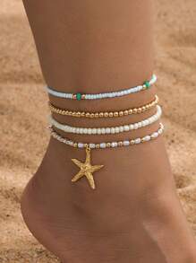 4pcs/Set Bohemian Handmade Beaded Stackable Elastic Bracelets, Colorful Multistrand Pearl Bead Bracelet With Gold Starfish Pendant, Anklet, Summer Beach Boho Jewelry Gift