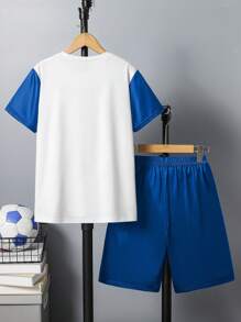 2pcs/Set Toddler/Little Boys' Casual 3D Football Print Loose Fit Round Neck T-Shirt And Shorts Outfit, Comfortable For Outdoor Sports & Running