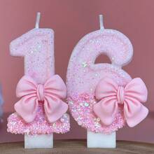 1 件数字形状蜡烛，0-9 数字蜡烛，浪漫派对首选数字蜡烛，用于生日蛋糕装饰，节日和周年纪念派对蛋糕数字蜡烛，闪亮数字设计 - 漸層粉領結 - 查看 3