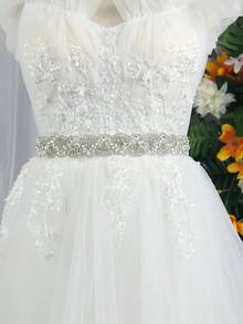 1pc Classic Heavyweight Rhinestone Champagne Satin Bridal Wedding Waist Belt Valentine's Day Accessories - Silver - View 7