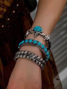 1 pieza Brazalete de puño elástico con concha de cabeza de vaca decorada con piedra de turquesa azul, joyería de estilo vaquero para mujer