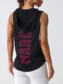 Áo thể thao nữ cỡ lớn, kiểu tank top, in chữ, không tay, có mũ trùm đầu, nhanh khô, dáng rộng, vạt cong. - màu đen - Xem 5