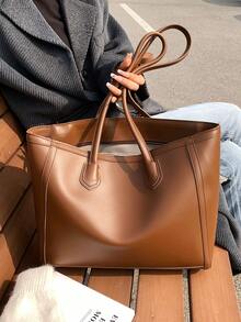 Women's Plain Large Capacity Tote Bag, Suitable For Daily Commute In Autumn/Winter - Brown - View 1
