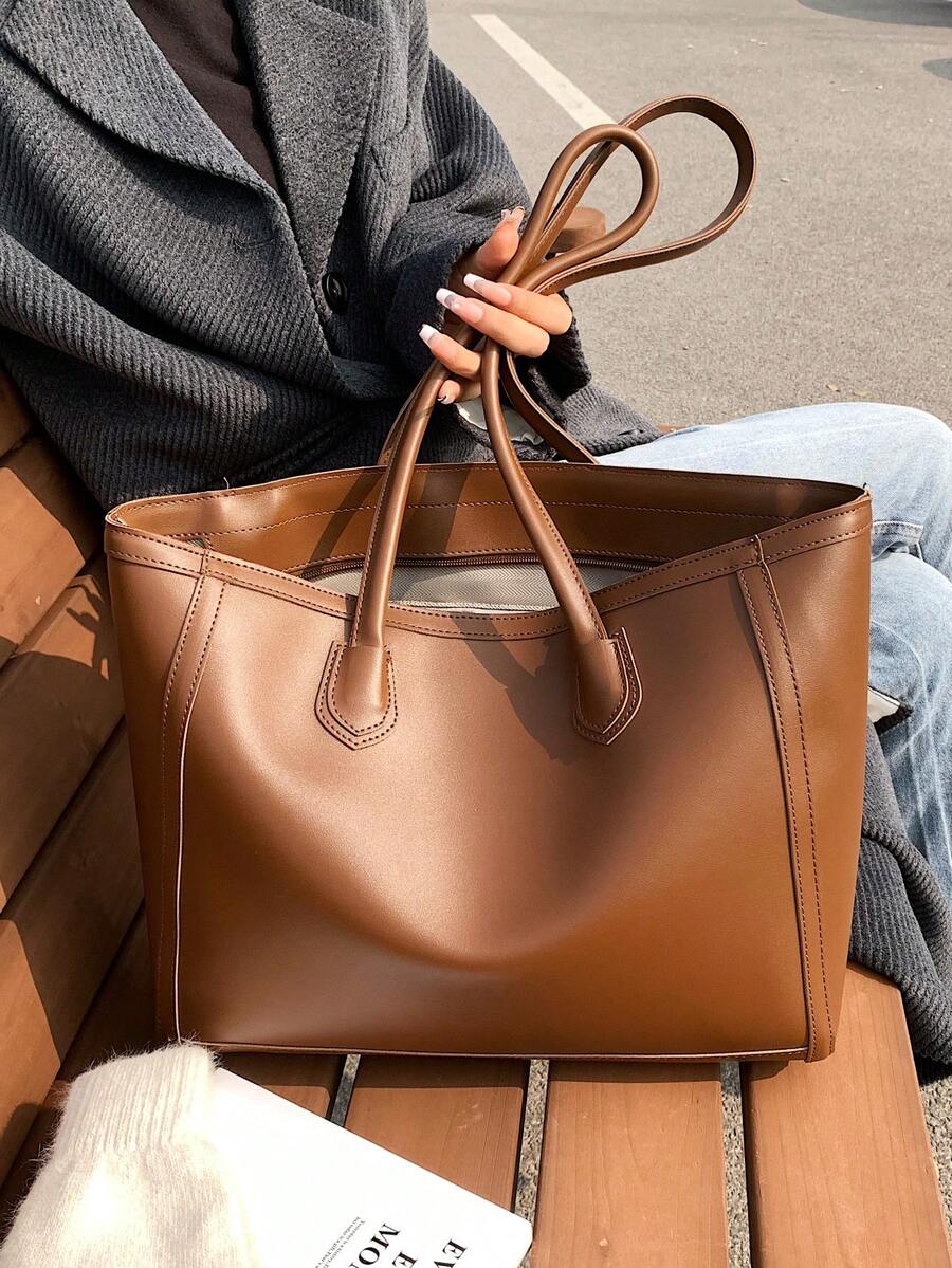 Women's Plain Large Capacity Tote Bag, Suitable For Daily Commute In Autumn/Winter - Brown - View 1