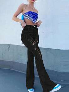 COMFYVOGUE Sexy Fashion Women's Ripped Hip Lift Jeans Flared Pants - 黑色 - 查看 1