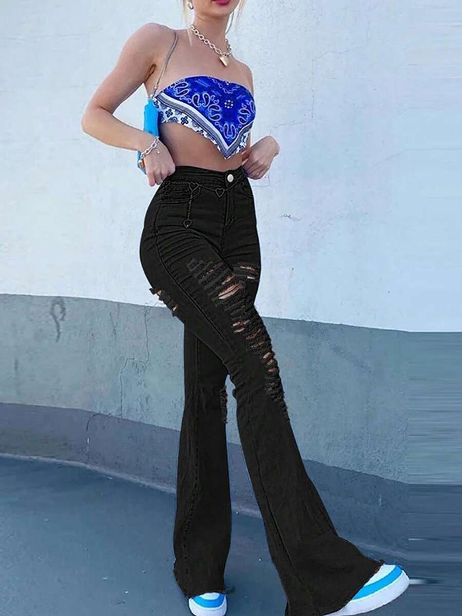 COMFYVOGUE Sexy Fashion Women's Ripped Hip Lift Jeans Flared Pants - 黑色 - 查看 1