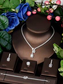 1 Set Versatile Cubic Zirconia Square Jewelry Set, Suitable For Women's Daily Wear - Silver - View 2