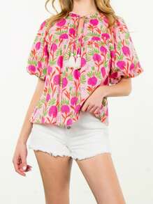 Floral Print Tops For Women Summer Causal Loose Round Neck Bubble Short Sleeve T Shirt