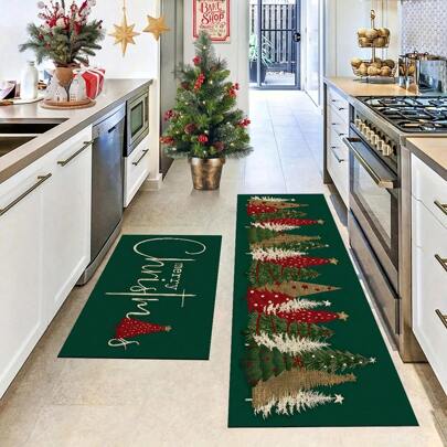 1 Stück Weihnachts Küchenteppich, rutschfeste Anti-Ermüdungs Küchenvorlage, geeignet als Bodenmatte, fröhliche Weihnachten, Küchenbodenvorlage ist bequem zum Stehen und als Tischauflage, Küchenspülenteppich ist weihnachtlich dekoriert.