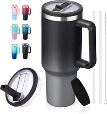 40 Oz Water Bottle Tumbler With Flip Straw - Wide Mouth Travel Coffee Mug With Handle, Reusable Leakproof Stainless Steel Vacuum Insulated Traveler Cup For Hot & Cold Drink - 黑色 - 查看 1