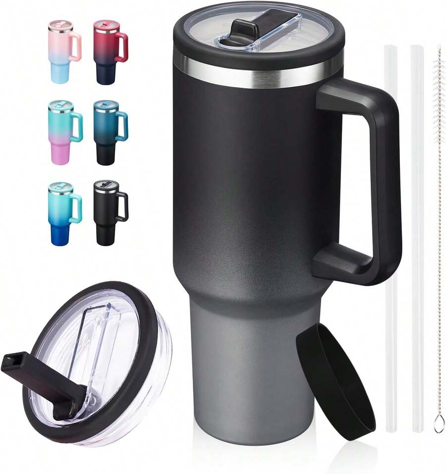 40 Oz Water Bottle Tumbler With Flip Straw - Wide Mouth Travel Coffee Mug With Handle, Reusable Leakproof Stainless Steel Vacuum Insulated Traveler Cup For Hot & Cold Drink - 黑色 - 查看 1