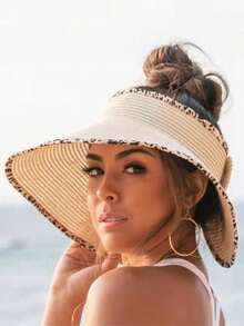 1Bohemian Style Women's Straw Woven Sun Hat, Foldable Summer Roll Up Open Top Hat, Can Be Packaged With Wide Edge Beach Flip Over Cap - Multicolor - View 1