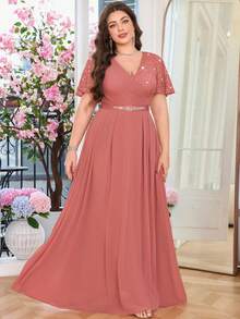 Butterfly Sleeve V-Neck Floral Lace Patchwork Chiffon Diamond Belt Long Evening Dress, Suitable For Wedding Guests, Valentine's Day, Summer, Birthday, Graduation, Back To School And Other Occasions - Dusty Pink - View 5