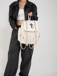 Dedoo Vintage Rivet Backpack, Retro Punk Style Travel Bag, Gothic College Style Backpack For Women - White - View 3