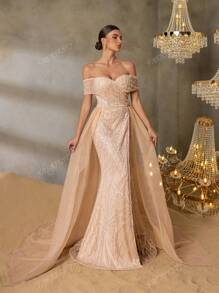 Faeriesty Faeriesty Chic & Glamorous Beaded Off-Shoulder Short Sleeve Maxi Party Dress With Layered Tulle Skirt And High Slit For Red-Carpet Galas, Black-Tie Dinners, Luxury Wedding Receptions, Exclusive Banquets, Formal Charity Events​