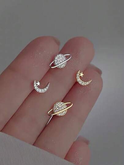 1 par de pendientes asimétricos de planeta y luna de plata de ley 925, adecuados para uso diario y atuendos de fiesta, mejor regalo para mujeres, presente de joyería exquisita