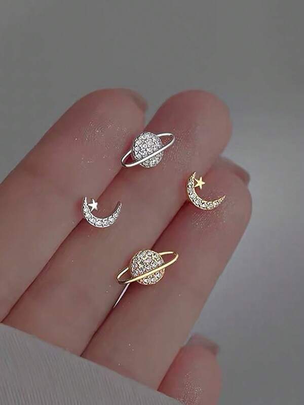 1 par de brincos de lua assimétricos em prata esterlina 925, elegantes e versáteis, com planetas e luas, adequados para uso diário em festas, o melhor presente para mulheres, joias finas para presente