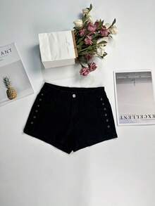 American Hot Girl Y2k Eyelet Buckle Design, Denim Super Shorts, Women's Low Waist Slimming Hot Pants - Black - View 3