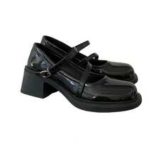 黒フレンチメリージェーン小さな革の靴女性の夏 2025 新しいラウンドトゥスカートレトロ厚いヒールの靴 - 光沢のある黒 - チェックする 6