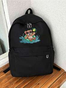熊图案休闲背包，大容量电脑包，户外旅行背包，大容量实用字母图案休闲背包，适合青少年女孩、女生、高中生、大学生，多口袋设计，是高中生的理想之选。 - 黑色 - 查看 1