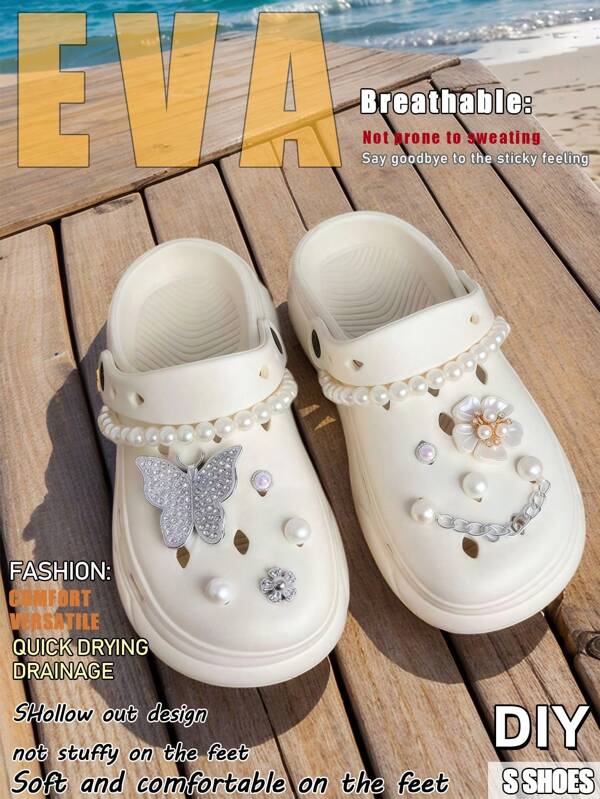 Summer Beaded Rhinestone DIY Women's Slide Sandals, 5cm Thick EVA Sole Non-Slip Breathable Odor Resistant, Comfort Ankle Strap, Suitable For Beach Party,Daily Outing,Casual Home Or Outdoor Wear