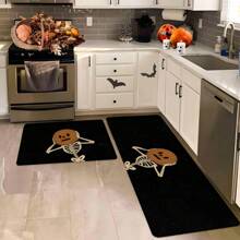 1pc Halloween Skull Pattern Printed Non-Slip Linen Kitchen Rug, Bathroom Mat, Doormat, Home Decor, Halloween Decoration, Halloween Gift, 3D Printed Rectangular, Suitable For Living Room, Bedroom, Hallway, Bathroom, Laundry Room - Polyester Carpet, Indoor & Outdoor Use