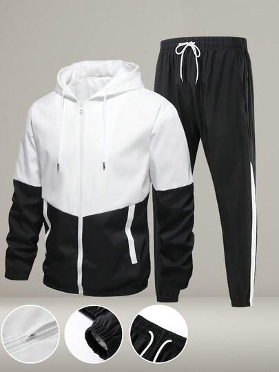 运动街头风格双面连帽衫套装，搭配撞色侧条纹修身裤，舒适透气
