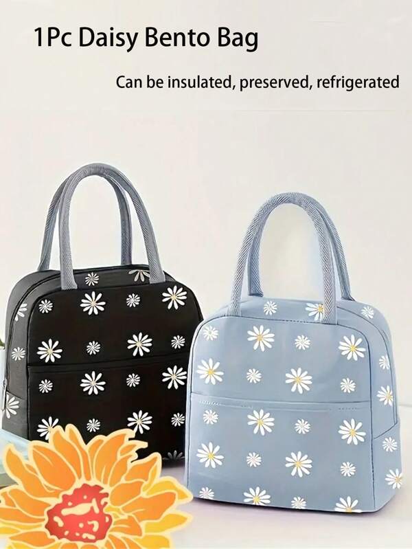 1Pc Black Chrysanthemum Oxford Lunch Box Bag, Non-Food Contact Thick Aluminum Foil Insulated Tote Bag, Logo Printed, Hand Wash Care Instructions, Rectangular School Bento Thermal Bag, Office Portable Food Bag, Picnic Lunch Box Container, Camping Bag