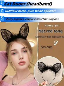 1/2 Pieces Elegant Women's Cat Ear Headband With Lace & Fluffy Feathers - Non-Stretch Polyester Hair Accessories For Cosplay, Costume Parties, Outdoor Events | Fashion Hair Bands For Women (Black/White) Halloween