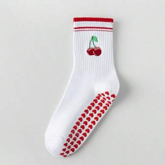 1 双樱桃硅胶防滑女士袜子，瑜伽袜，可爱芭蕾普拉提运动健身袜，透气运动袜