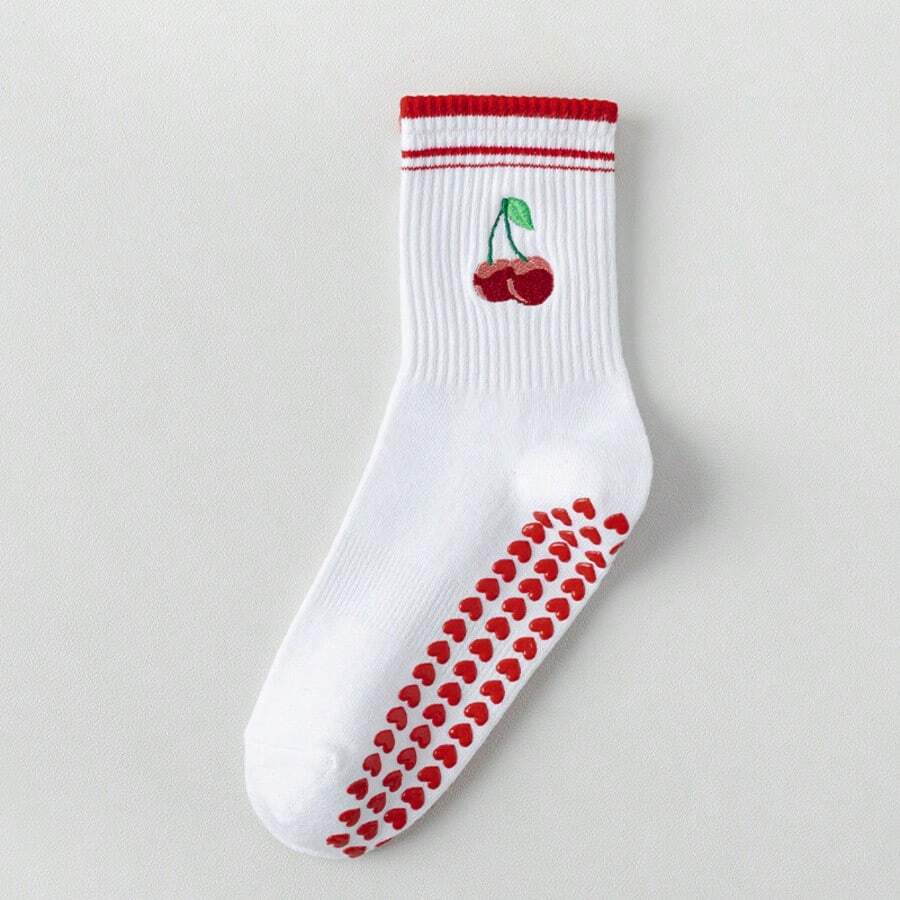 1 双樱桃硅胶防滑女士袜子，瑜伽袜，可爱芭蕾普拉提运动健身袜，透气运动袜 - 彩色 - 查看 1