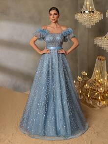 Faeriesty Elegant Off-Shoulder A-Line Evening Gown With Beaded Back-Tie Detail & Ruffled Sleeves – Sophisticated Formal Wear For Red Carpet Events, Black-Tie Galas, Wedding Guest Dresses, Formal Ceremonies, And Prom Night Attire - Teal Blue - View 1