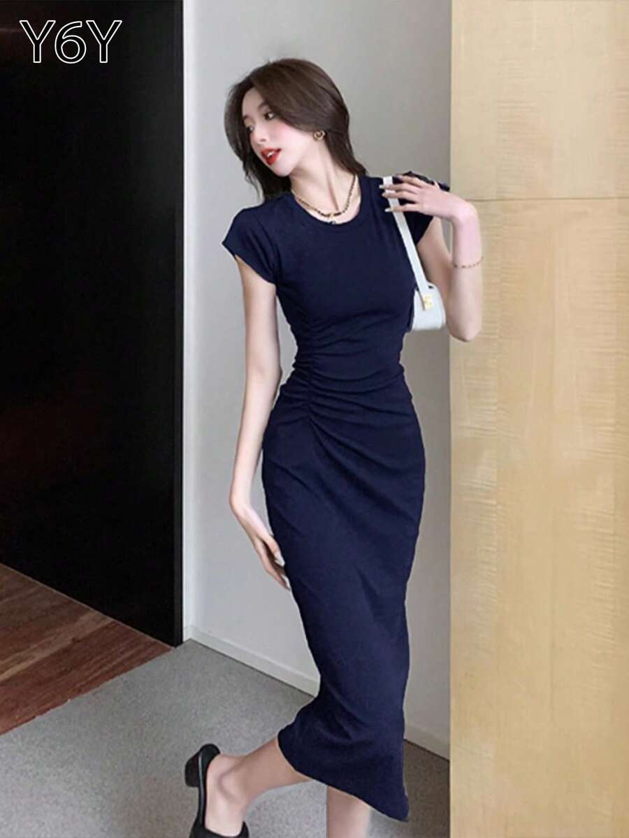 【Y6Y】圆领插肩袖收腰百褶连衣裙|秋冬女装叠穿高端短袖修身简约百搭修身连衣裙 - 藏蓝色 - 查看 1