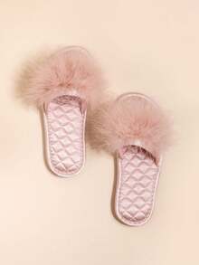Pantofole piatte con cinturino in autunno/inverno, colori rosa, rosso, champagne, in finta pelliccia, taglia grande, con fiocco morbido, casual di alta gamma, comode e calde, con fodera in peluche, per uso domestico da donna - Rosa - Visualizzare 2