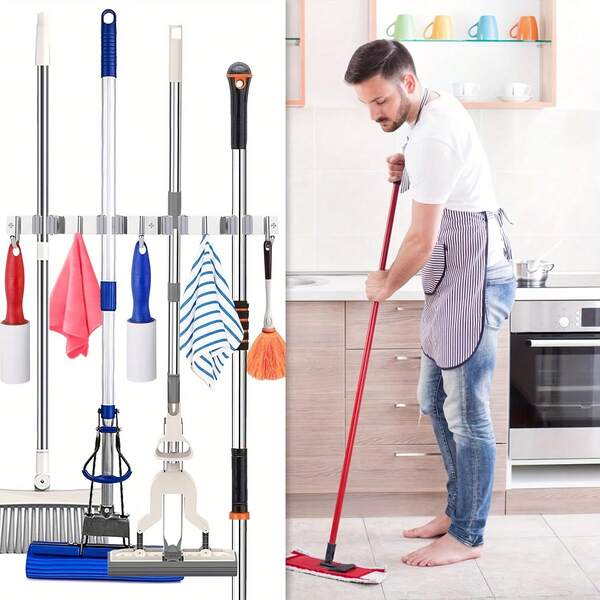 1pc Broom And Mop Holder Wall Mounted, Stainless Steel Broom Holder Mop Holder Self Adhesive Heavy Duty Hooks Storage Organizer For Home Laundry Room Garden Garage